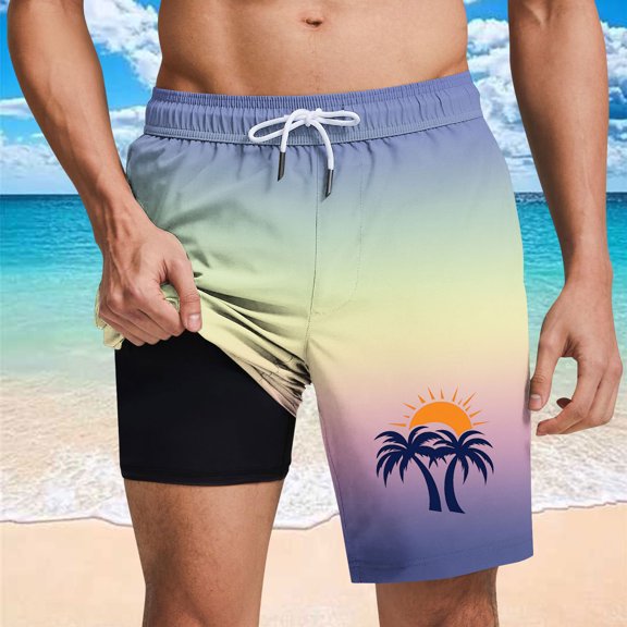 PNTUTB Summer Men's Fashion Gradient Coconut Tree Print Casual Elastic Drawstring Pockets Comfort Lined Shorts