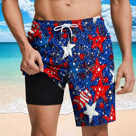 PNTUTB Summer Men's Fashion Printed Casual Elastic Drawstring Loose Comfortable Lined Beach Shorts with Pockets