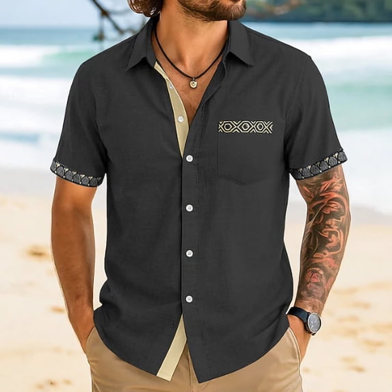 PNTUTB Summer Men's Fashion Printed Patchwork Casual Loose Comfort Collared Button Front Short Sleeve Top with Pockets