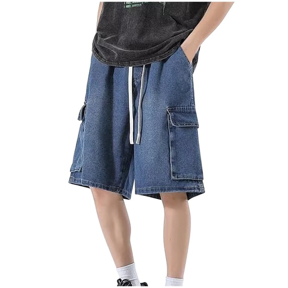 PNTUTB Summer Men's Fashion Solid Color Casual Loose Comfort Drawstring Waistband Washed Denim Shorts with Pockets