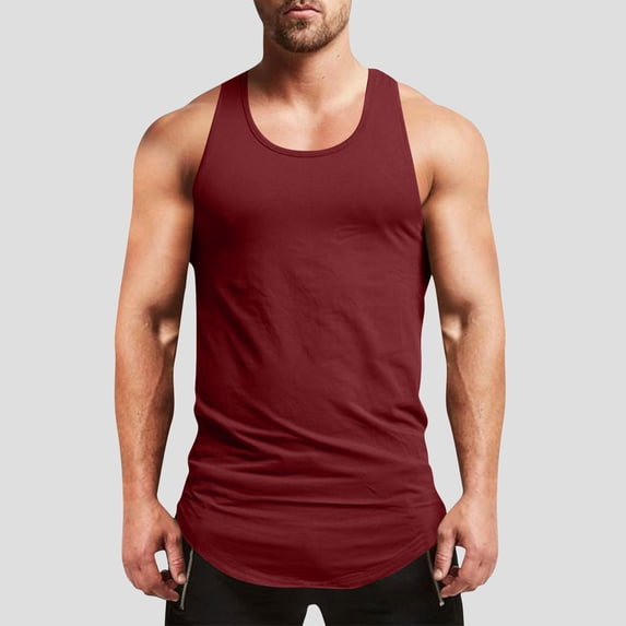 PNTUTB Summer Men's Solid Color Lightweight Breathable Curved Hem Casual Sports Crew Neck Tank Tops
