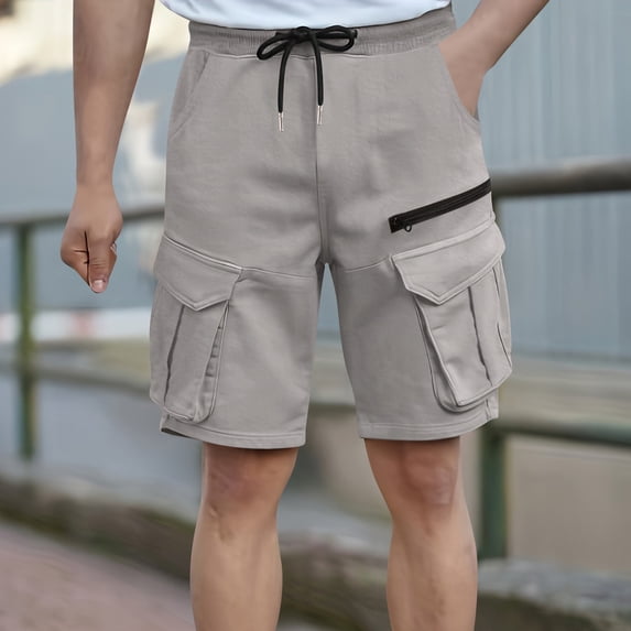 PNTUTB Summer Men's Solid Color Outdoor Casual Sports Elastic Waist Drawstring Zipper Multi-Pocket Workwear Shorts