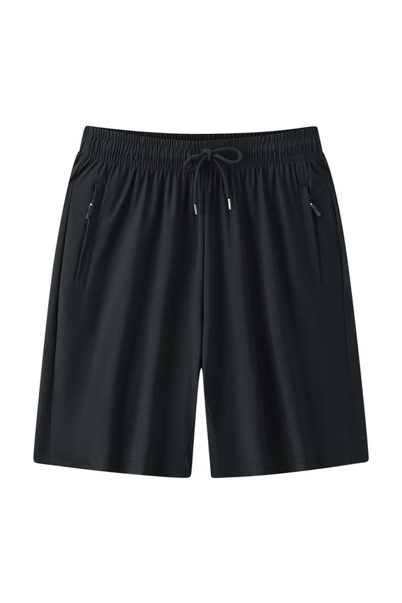Summer Men's Solid Color Quick Dry Casual Loose Comfortable Fitness Drawstring Waistband Shorts with Zipper Pockets