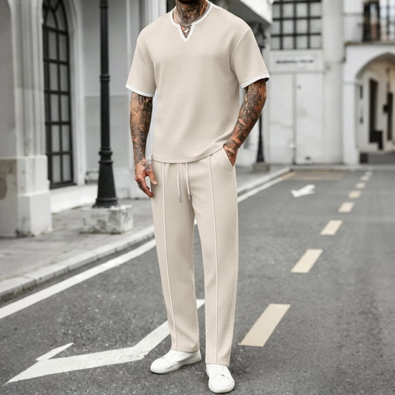 PNTUTB Summer Men's Solid-Color Suit Set Casual 2 Piece Outfitss Loose Short-Sleeve Crew-Neck Top and Elastic-Waist Drawstring Pants Two-Piece Set