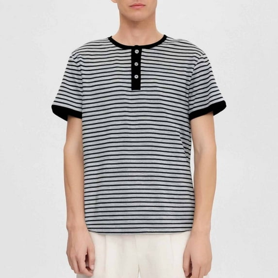 PNTUTB Summer Men's Striped Casual Half Buttoned Round Neck Pullover Short Sleeve Comfortable Tops