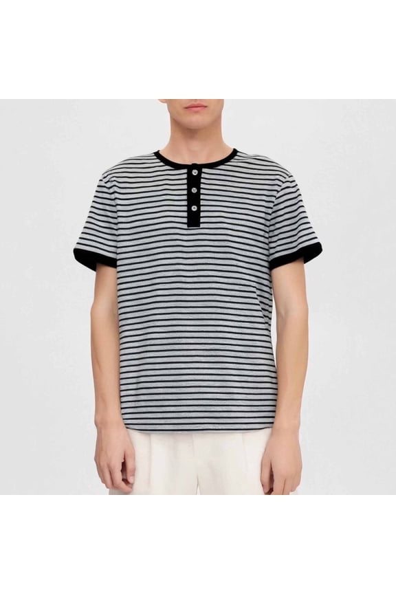 Summer Men's Striped Casual Half Buttoned Round Neck Pullover Short Sleeve Comfortable Tops
