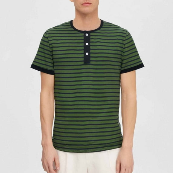 PNTUTB Summer Men's Striped Casual Half Buttoned Round Neck Pullover Short Sleeve Comfortable Tops