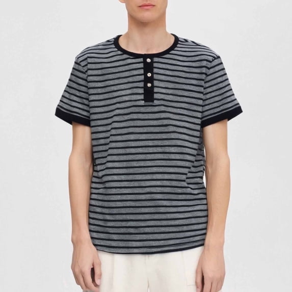 PNTUTB Summer Men's Striped Casual Half Buttoned Round Neck Pullover Short Sleeve Comfortable Tops