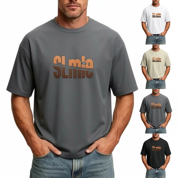 PNTUTB Summer Men's T-Shirts Stylish Letter Print Versatile Round-Neck T-Shirt Casual Loose Comfort Short-Sleeve Tops for Commuting