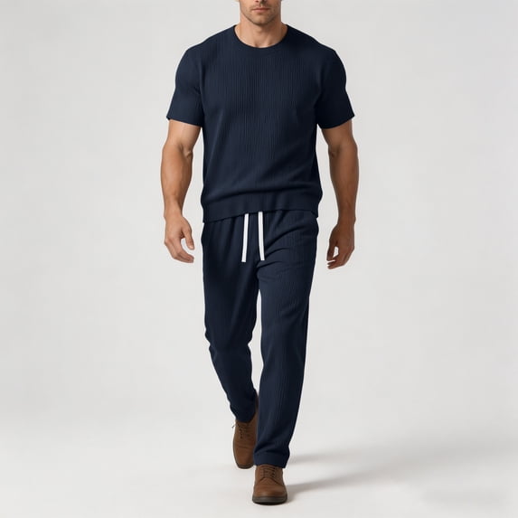 PNTUTB Summer Men's Two-Piece Set Fashion Loose Round-Neck Short-Sleeve T-Shirt Lightweight Drapey Breathable Casual Ice-Silk Drawstring Pants Sports Set
