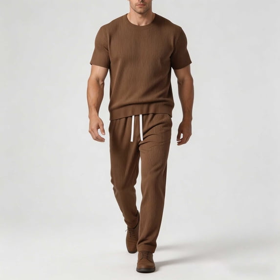 PNTUTB Summer Men's Two-Piece Set Fashion Loose Round-Neck Short-Sleeve T-Shirt Lightweight Drapey Breathable Casual Ice-Silk Drawstring Pants Sports Set