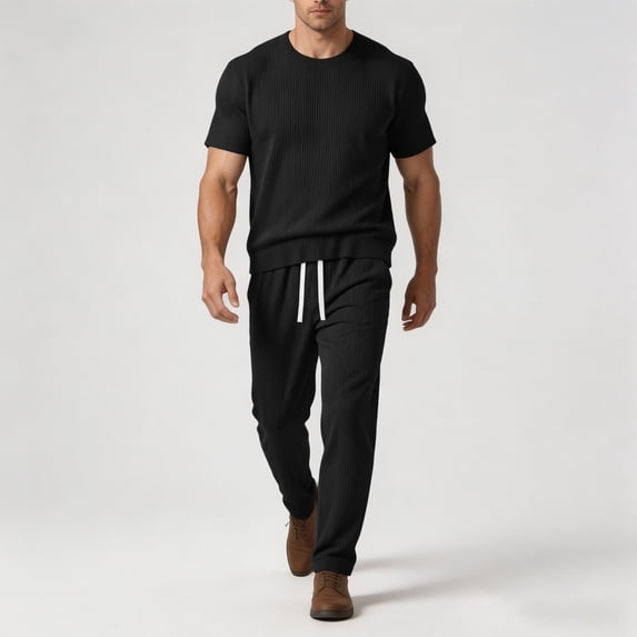 PNTUTB Summer Men's Two-Piece Set Fashion Loose Round-Neck Short-Sleeve T-Shirt Lightweight Drapey Breathable Casual Ice-Silk Drawstring Pants Sports Set