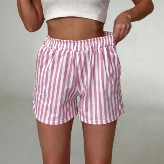 PNTUTB Summer Shorts for Women Stylish Striped Versatile Shorts Elastic High-Waisted Lightweight Breathable Loose Comfortable Casual Shorts with Pockets