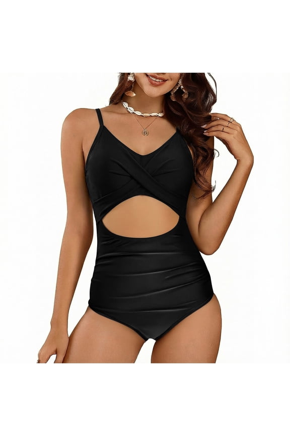 Summer Solid Color Fashion Cross Back and Front Exposing Tie Front One Piece Swimsuit for Women