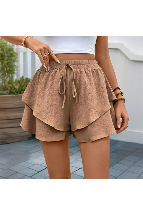 Summer Solid Color Textured Elastic Waist Drawstring Layered Fashion Shorts for Women