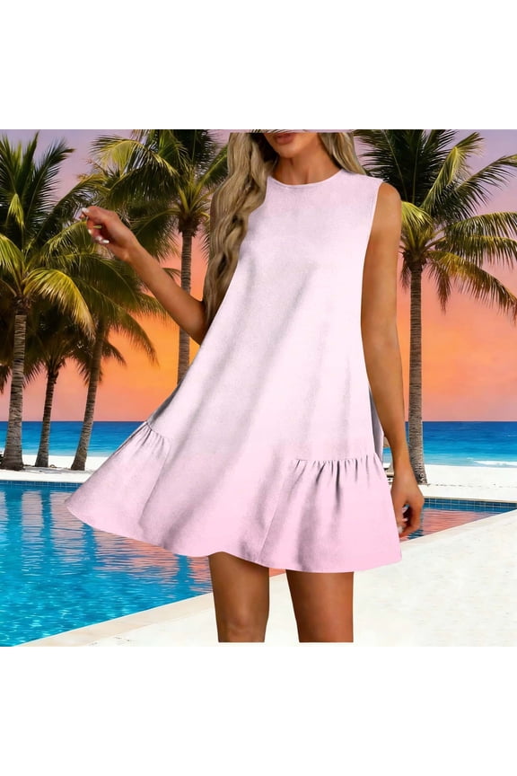 Summer Versatile Women's Dress Fashion Ombre Lightweight Breathable Flowing Dress Side Pleats Casual Loose Round Neck Sleeveless Dresses