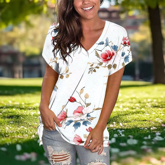 PNTUTB Summer Versatile Women's Fashion Print V-neck Short Sleeve Casual Loose Comfortable Tops