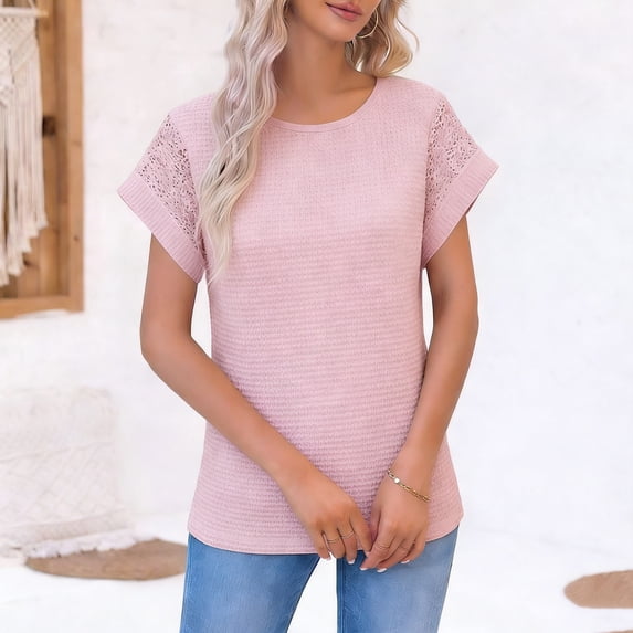 PNTUTB Summer Women's Casual Solid Color Waffle Weave Breathable Crew Neck Pullover Comfortable Short Sleeve Tops