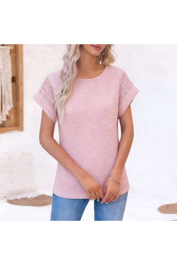 Summer Women's Casual Solid Color Waffle Weave Breathable Crew Neck Pullover Comfortable Short Sleeve Tops