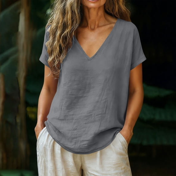 PNTUTB Summer Women's Cotton Linen Blend Lightweight Solid Color V Neck Short Sleeve Loose Comfortable T Shirt
