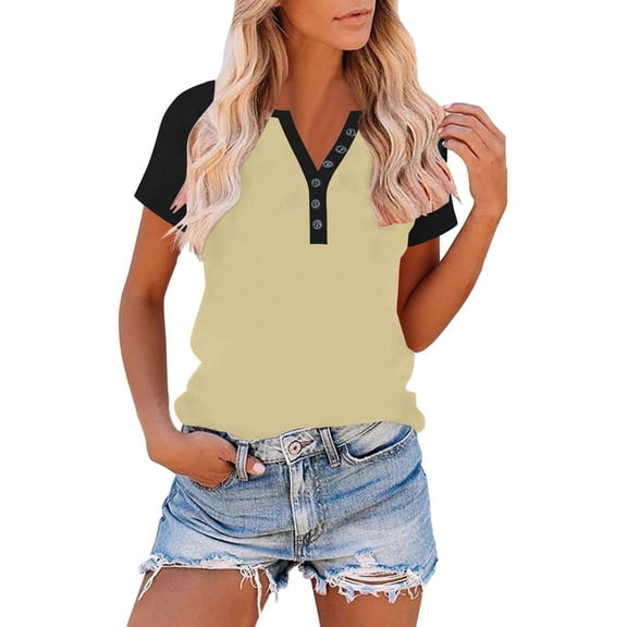 PNTUTB Summer Women's Fashion Color Block Button Up V Neck Pullover Short Sleeve Loose Comfort T Shirts
