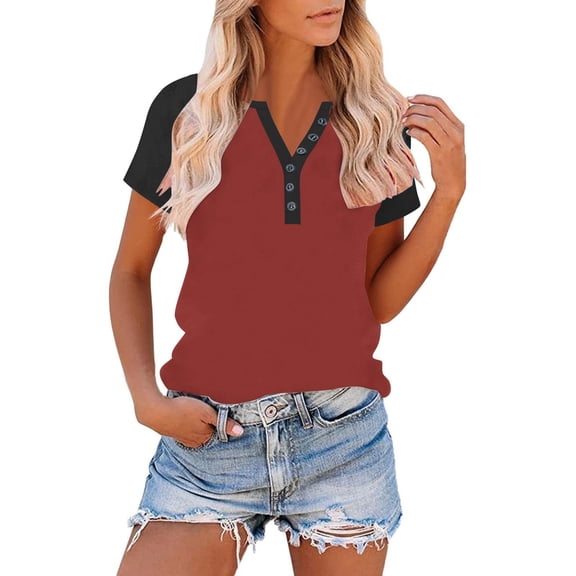 PNTUTB Summer Women's Fashion Color Block Button Up V Neck Pullover Short Sleeve Loose Comfort T Shirts