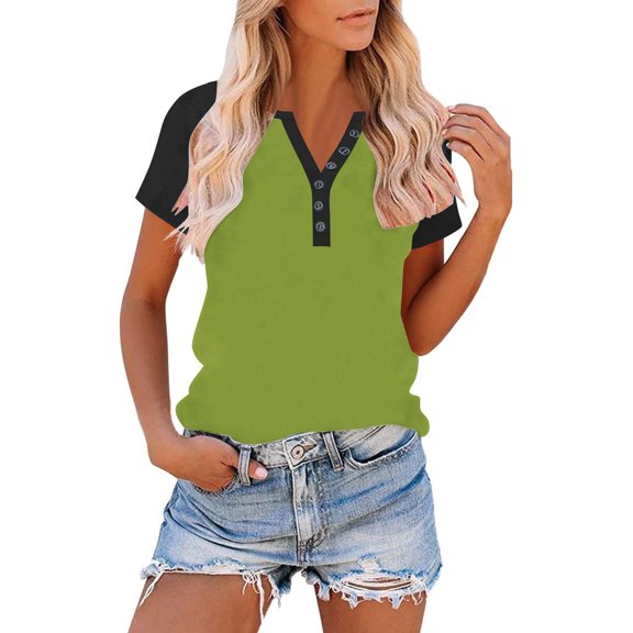 PNTUTB Summer Women's Fashion Color Block Button Up V Neck Pullover Short Sleeve Loose Comfort T Shirts