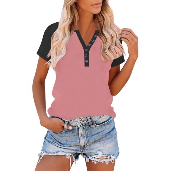 PNTUTB Summer Women's Fashion Color Block Button Up V Neck Pullover Short Sleeve Loose Comfort T Shirts