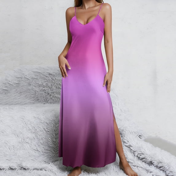 PNTUTB Summer Women's Fashion Gradient Casual V Neck Sleeveless Split Hem Loose Comfortable Strapless Maxi Dress