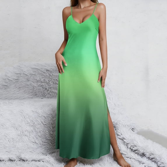 PNTUTB Summer Women's Fashion Gradient V Neck Sleeveless Split Hem Casual Loose Comfortable Strapless Maxi Dress