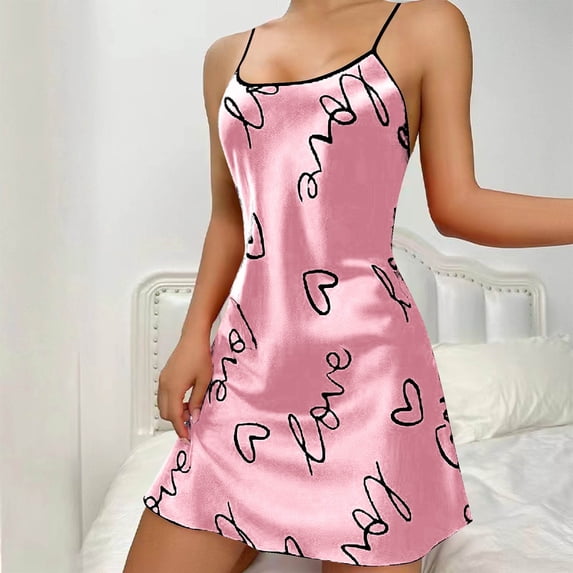PNTUTB Summer Women's Fashion Heart Print Round Neck Strapless Comfortable Casual Homewear Nightgown