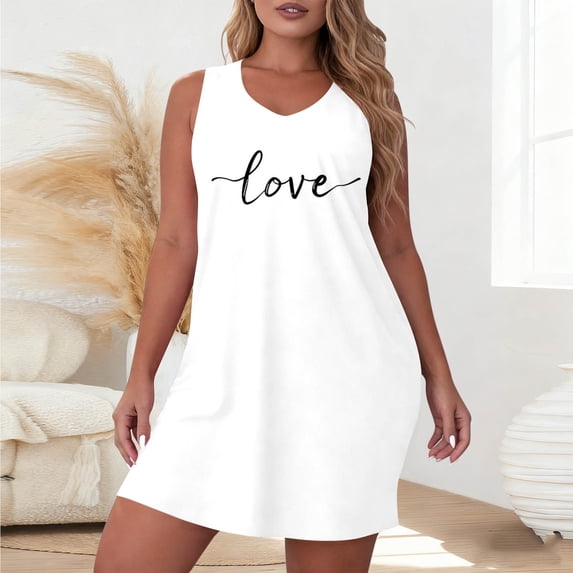 PNTUTB Summer Women's Fashion Print Casual Round Neck Loose Loungewear Double Spaghetti Strap Nightgown