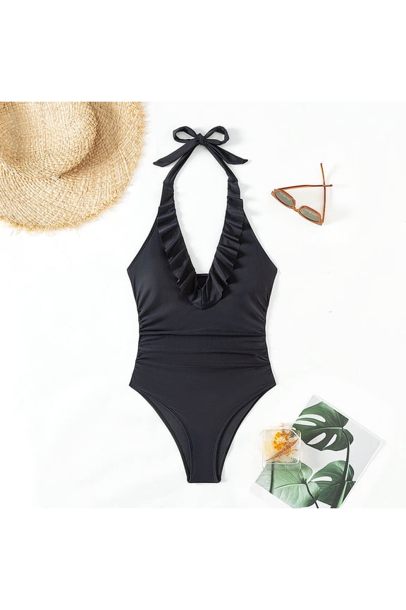 Summer Women's Fashion Solid Color Deep V Neck Halter Neck Tie Back Backless One Piece Swimsuit