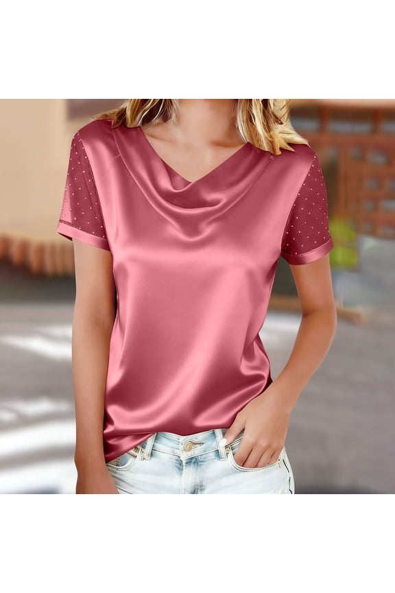 Summer Women's Fashion Solid Color V Neck Mesh Rhinestone Embellished Bubble Sleeve Casual T Shirt