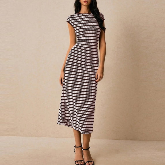 PNTUTB Summer Women's Fashion Striped Lace Up Casual Round Neck Sleeveless Loose Comfort Waist Defining Long Dress
