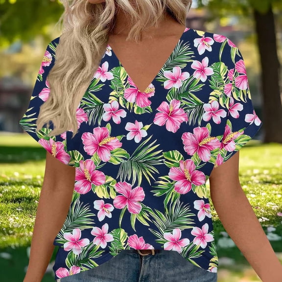 PNTUTB Summer Women's Fashionable Print V Neck Short Sleeve Comfortable Loose Pullover Versatile T Shirts