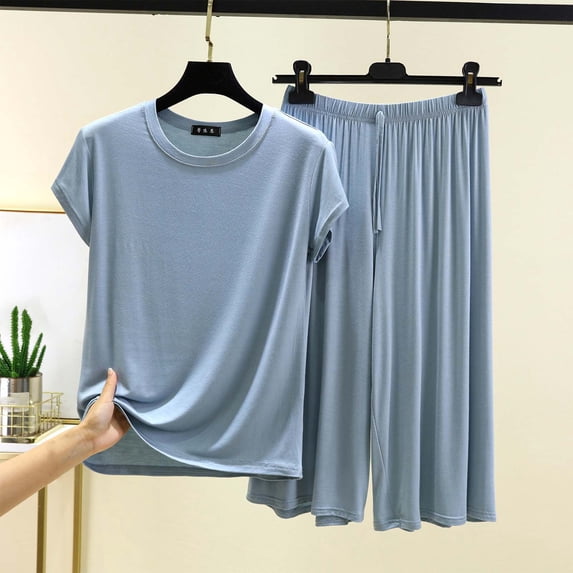 PNTUTB Summer Women's Solid Color Casual Loose Crew Neck Short Sleeve T Shirt with Tie Waist Wide Leg Pants Set