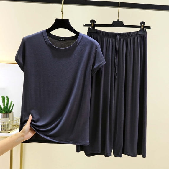 PNTUTB Summer Women's Solid Color Casual Loose Crew Neck Short Sleeve T Shirt with Tie Waist Wide Leg Pants Set