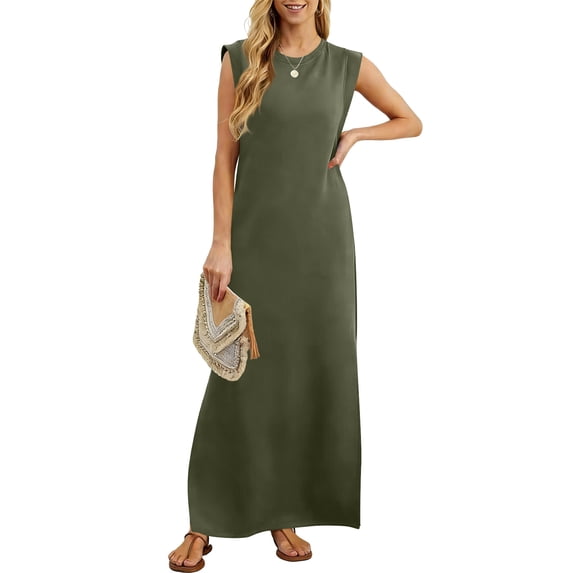 PNTUTB Summer Women's Solid Color Casual Round Neck Sleeveless Loose Comfortable Ankle Length Dress