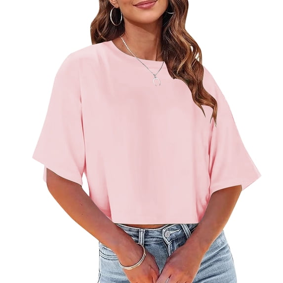 PNTUTB Summer Women's Versatile Solid Color Casual Short Sleeve V Neck Loose Comfortable Cropped Tops