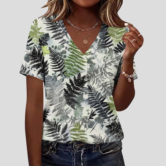 PNTUTB Summer Women's Versatile Trend Fashion Printed Casual V Neck Loose Comfortable Short Sleeve T Shirt