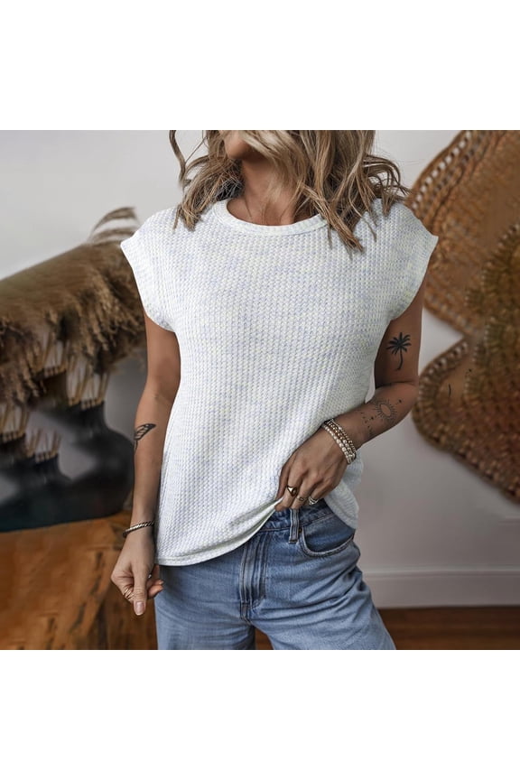 Summer Women's Waffle Weave Fashion Crew Neck Pullover Loose Comfortable Casual Sleeveless Tops