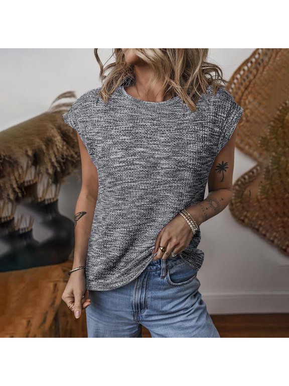 Summer Women's Waffle Weave Fashion Crew Neck Pullover Loose Comfortable Casual Sleeveless Tops