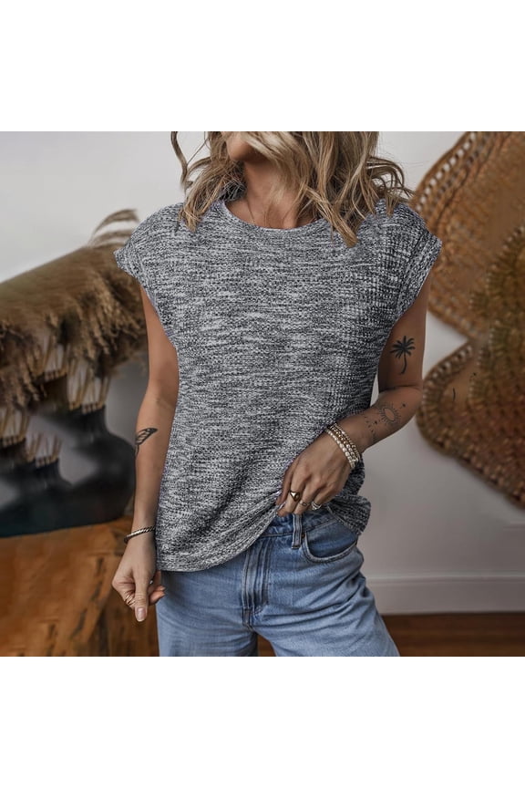Summer Women's Waffle Weave Fashion Crew Neck Pullover Loose Comfortable Casual Sleeveless Tops