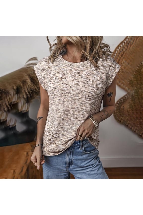 Summer Women's Waffle Weave Fashion Crew Neck Pullover Loose Comfortable Casual Sleeveless Tops
