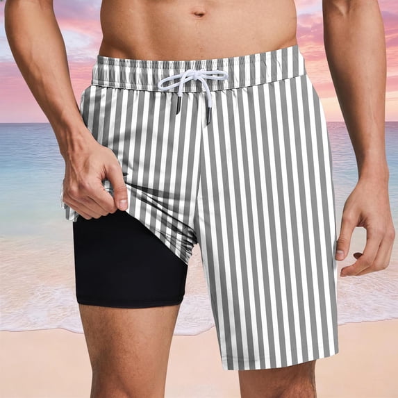 PNTUTB Swim Trunks for Men Beach Shorts Fine Vertical Stripe Shorts Casual Loose Comfortable Shorts Elastic Waistband Drawstring Lining Quick-Dry Swim Shorts