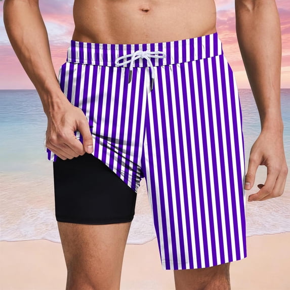 PNTUTB Swim Trunks for Men Beach Shorts Fine Vertical Stripe Shorts Casual Loose Comfortable Shorts Elastic Waistband Drawstring Lining Quick-Dry Swim Shorts