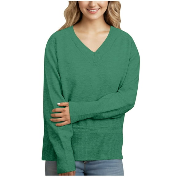 PNTUTB V Neck Solid Color Top for Women Fall and Winter Long Sleeve Loose Fashion Pullover Sweater