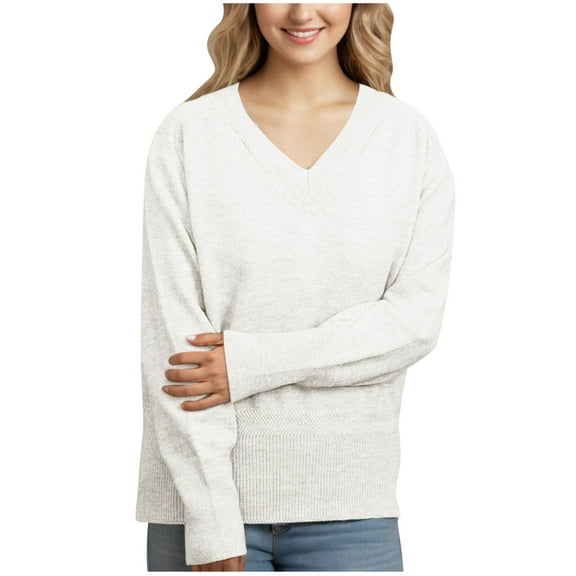 PNTUTB V Neck Solid Color Top for Women Fall and Winter Long Sleeve Loose Fashion Pullover Sweater