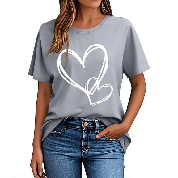 PNTUTB Valentine's Day Women's Print Fashion Versatile Casual Short Sleeve Crew Neck Loose Comfort T Shirts